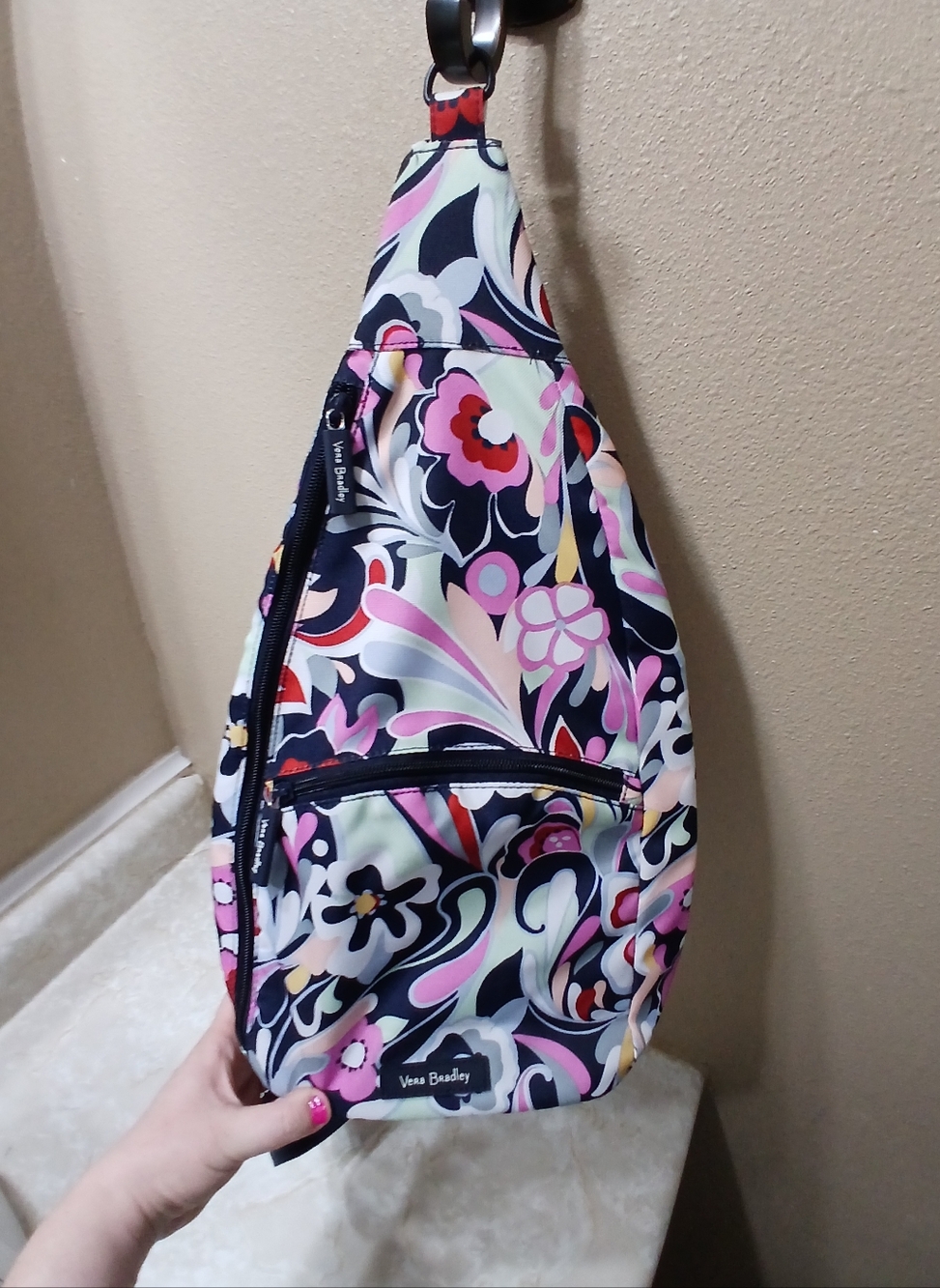 Vera Bradley Floral Pattern Crossbody Sling Bag - Navy, Pink & White